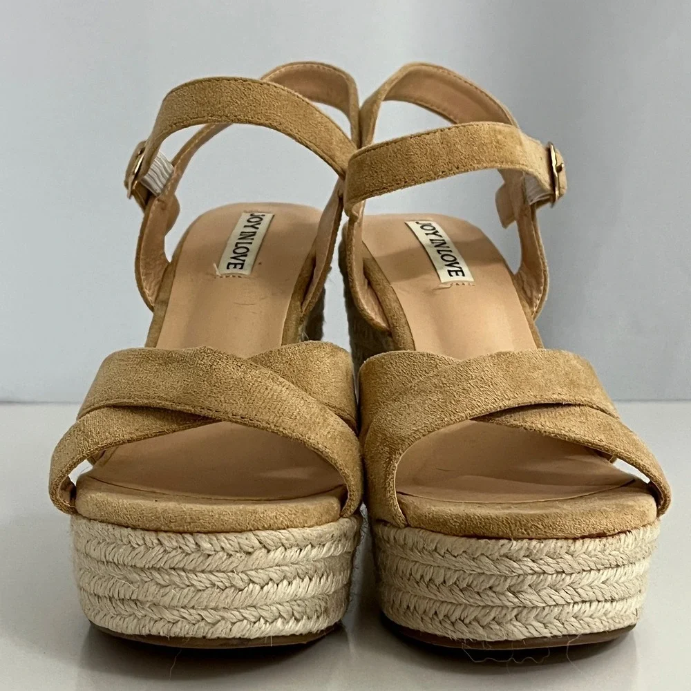 JOY IN LOVE Espadrille Wedge Sandals Women 7 Tan Solid Platform Summer Boho Heel